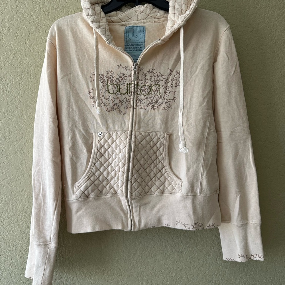 Burton Beige Zip-Up Hoodie with Quilted Pockets & Floral Vine Embroidery